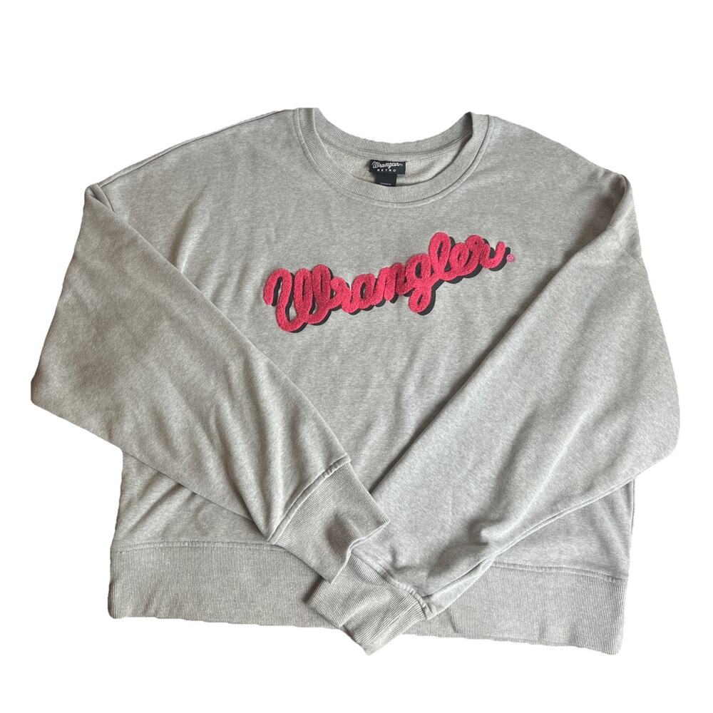 WRANGLER RETRO Women Sz XXL Chenille Logo Spellout Cropped Gray Crew Sweatshirt